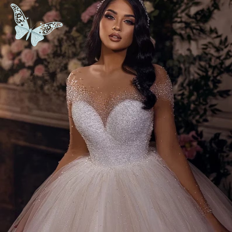 Classy Plus Size Beaded Wedding Dresses Square Neck Bridal Gowns Lace Long Sleeves A Line Sweep Train Satin Vestido De Novia 06