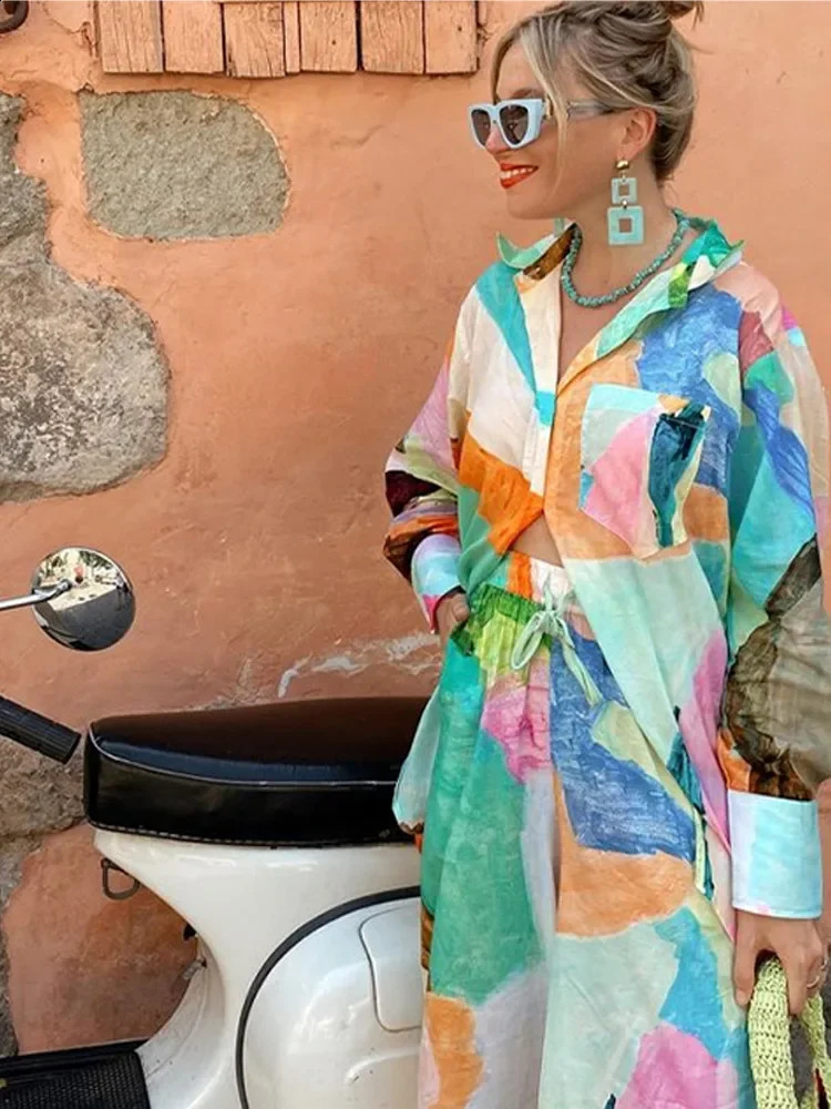 Fashion Printed Long Pant Sets for Women Casual Long Sleeve Pocket Shirt Loose Wide Leg Trousers Female 2 Pieces Set Streetwear 240826