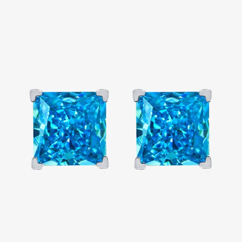 Moissanite Stud Earrings: 1.5CT Princess Cut Aquamarine in 100% Sterg Sier