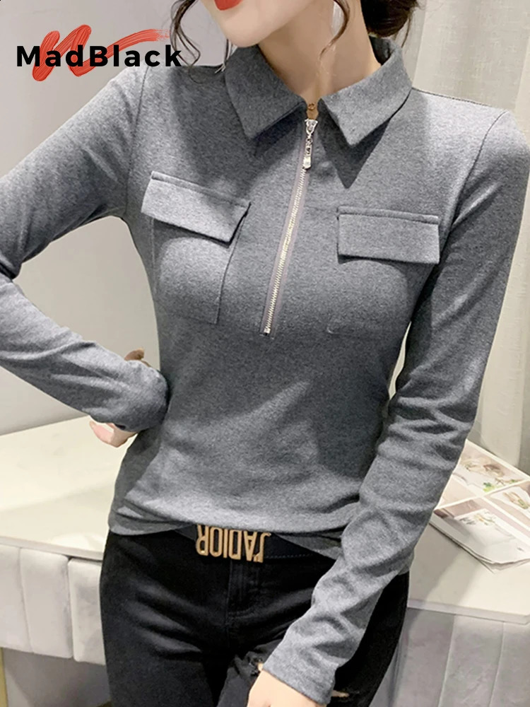 MadBlack autumn spring European clothing cotton T-shirt sexy lapel pocket zipper womens top womens casual T-shirt T31713X 240827