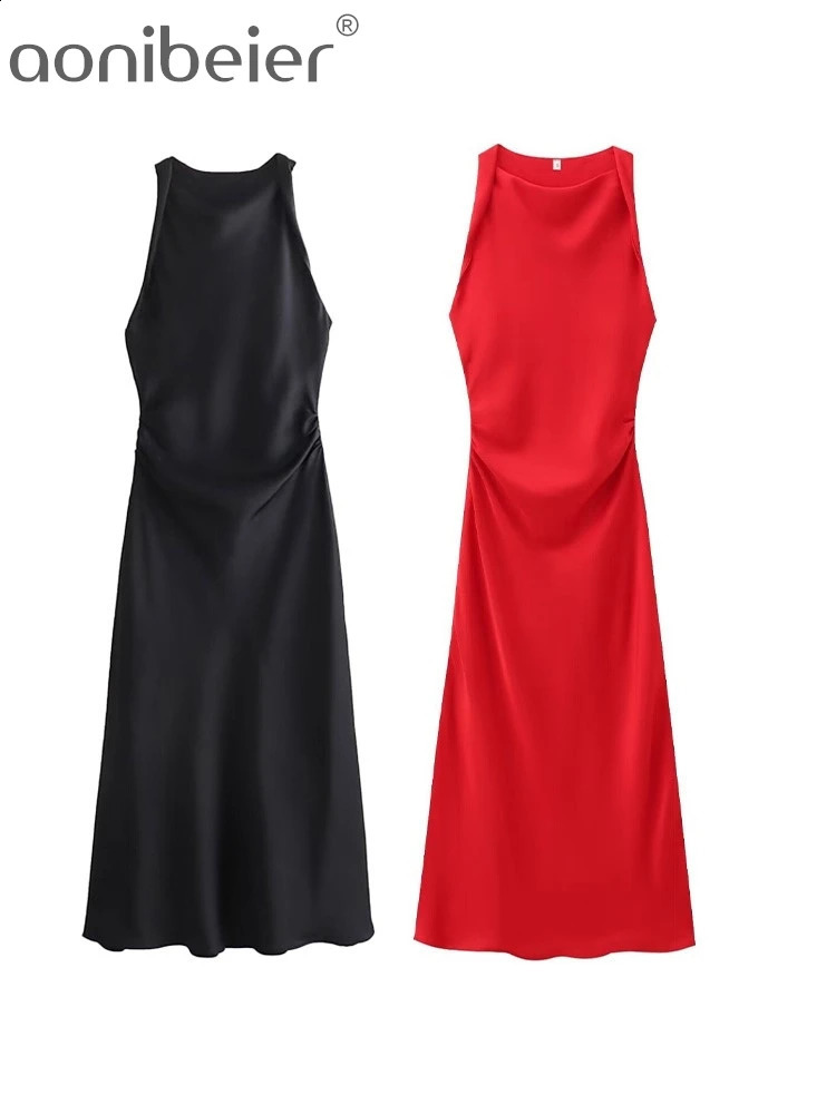 Aonibeier Black Red Satin Womens Party Dress Tea Set Summer Sleeveless Ruffle Ultra Thin Aline Midi Long Y2K Robe 240826