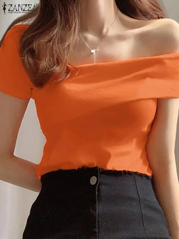 Off Shoulder Blouse Women Short Sleeve Tight Shirt ZANZEA Korean Fashion Solid Tunic Tops Y2k Slim Sexy Blouse Streetwear Blusas 240827