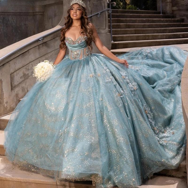 2024 Water Blue Quinceanera Dress Ball Gown Shiny Lace Applique Beading Corset Sweet 16 15 Formal Birthday Party Gowns Robe
