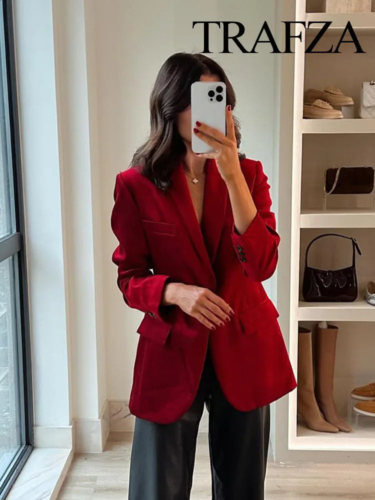 TRAFZA Women Spring Chic Jacket Coats Red Turn Down Collar Long Sleeves Pockets Decorate Single Button Female Fashion Blazers 240826