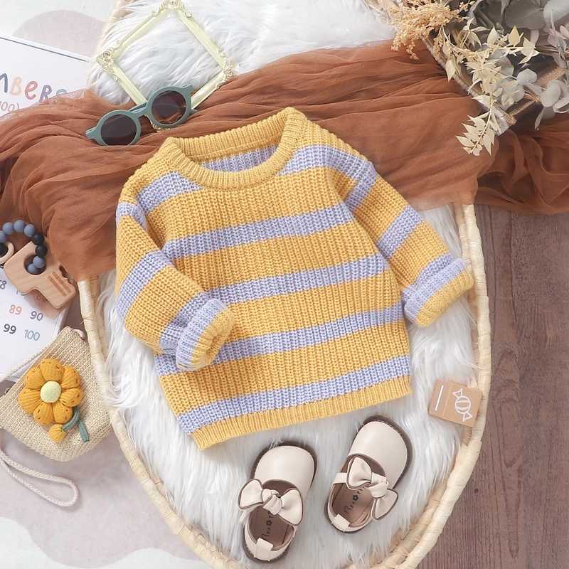 Newborn baby boy sweater casual striped print warm knit autumn long sleeved baby knitW240824