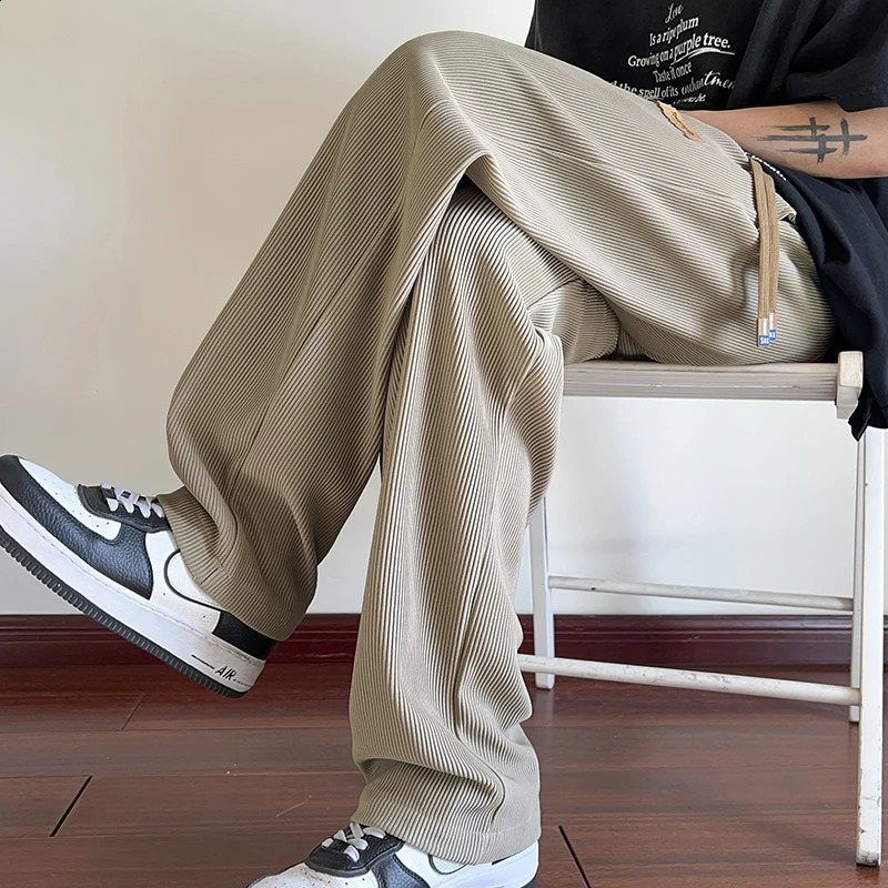 Summer Pleated Pants Men Fashion Casual Ice Silk Pants Men Streetwear Hip-hop Loose Straight Wide Leg Pants Mens Trousers M-3XL 240826