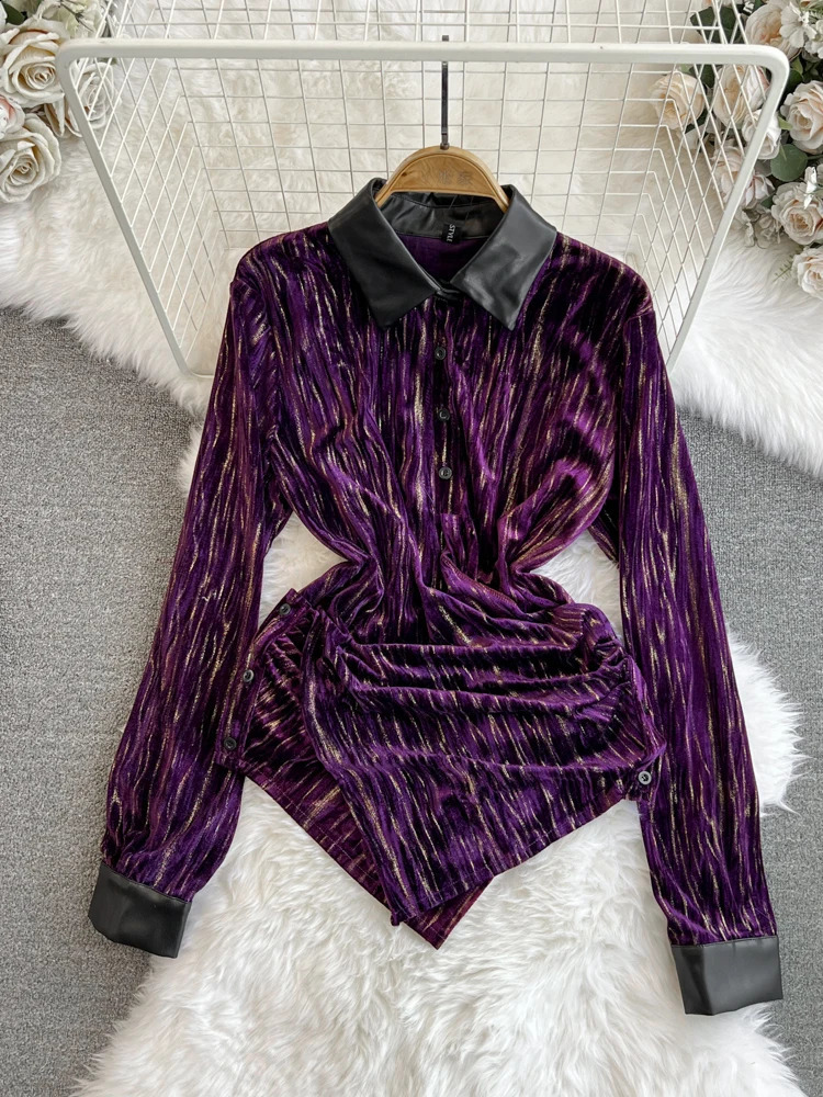 Spring and autumn fashion long sleeved polo neck ultra-thin slim fit irregular hem shiny silk shirt womens top Y2k 240827