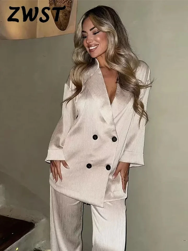 Womens Blazer Suit Elegant Double Breasted Satin Turndown Collar Long Sleeve Trousers Sets Female Summer Fashion Lady Set 240826