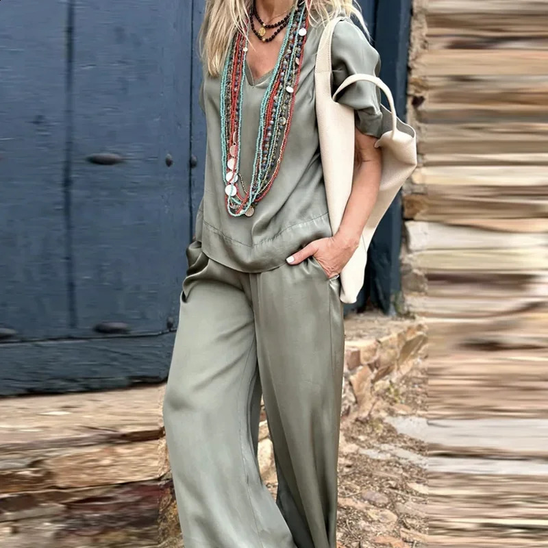 Short-Sleeve Pullover Tops and Long Pants Outfits Office Lady Fashion Loose Soft Set Chic Women Casual V Neck Tee Shirt Suit 240826