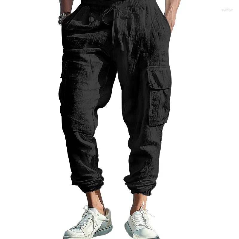 2025 S Fashion Designer Men S Pants Cross Border Cotton And En Casual Foot Tie Multi Pocket Tether Solid Color Large Size Drawstring Trousers