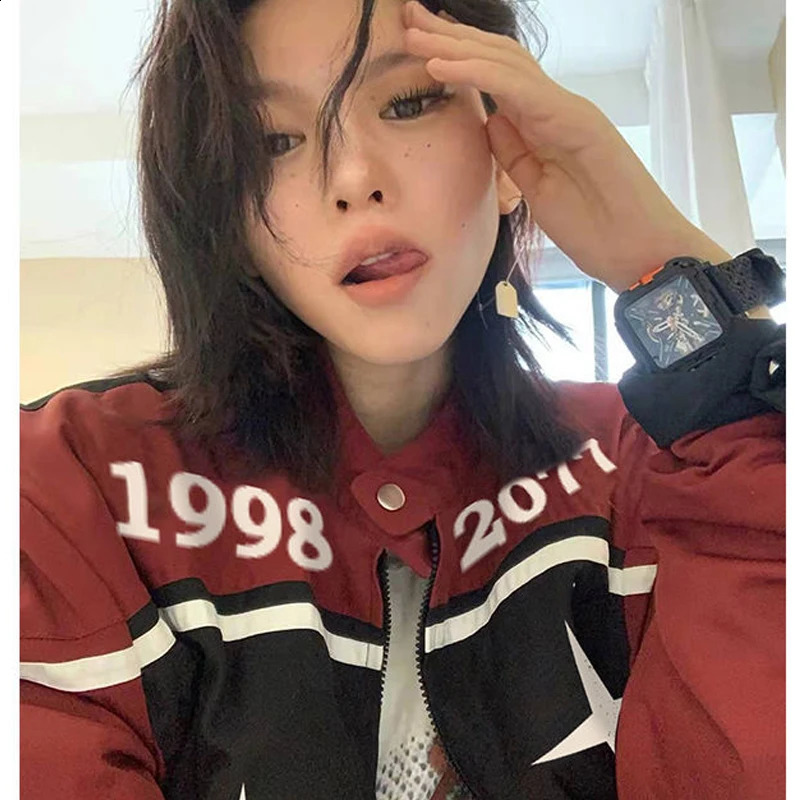 Y2k Retro Bomber Jacket Womens Street Hip Hop Colorful Zipper Racing Baseball Uniform SpringSummer Collection 240826