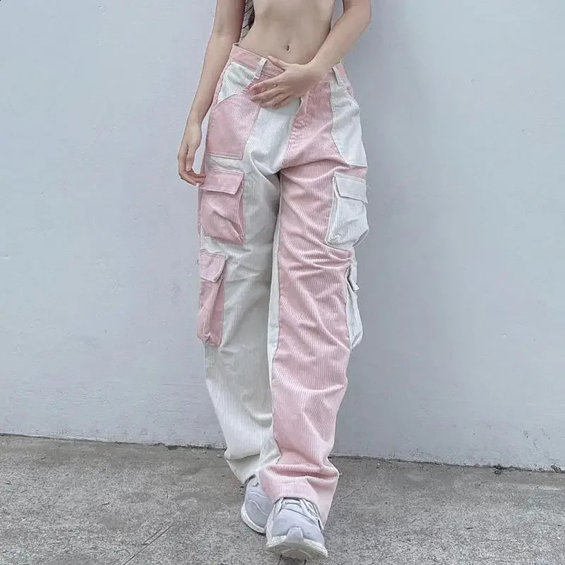 Black and white splicing contrast color corduroy cargo pants women high waist multi-pocket y2k baggy girl casual pants 240827