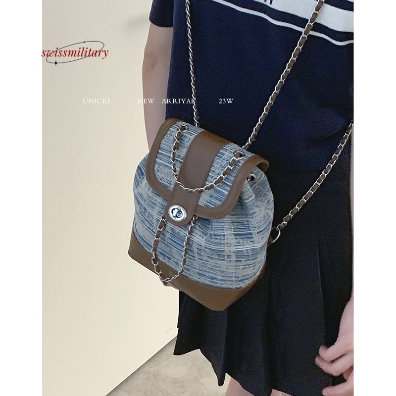 Swissmilitary Korean version fashionable for women 2023 new chain backpack versatile denim bucket bag #43