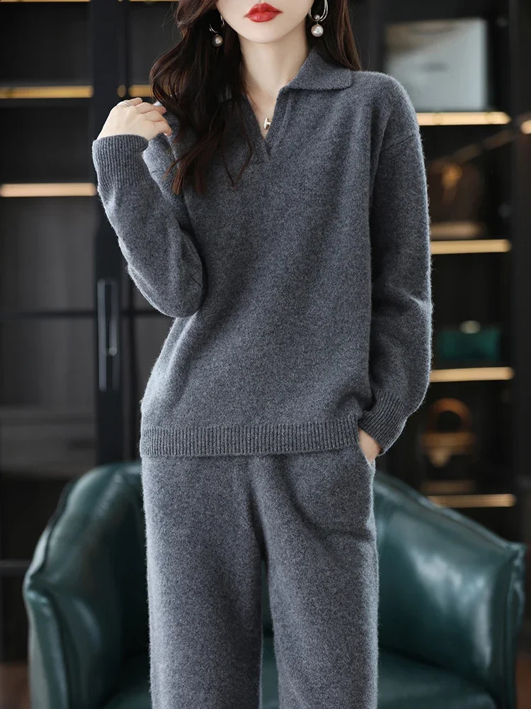 Cashmere Suit Female Lapel Korean Version of Senior Casual Sweater Wide-Leg Pants Wool Knitted Two-Piece Suit 240826