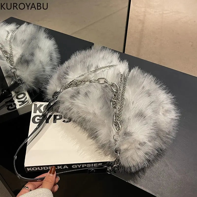 Y2k Women Shoulder Underarm Bags Fashion Chains Faux Fur Ladies Furry Crossbody Bag Soft Plush Female Handbags Tote Purse 240827