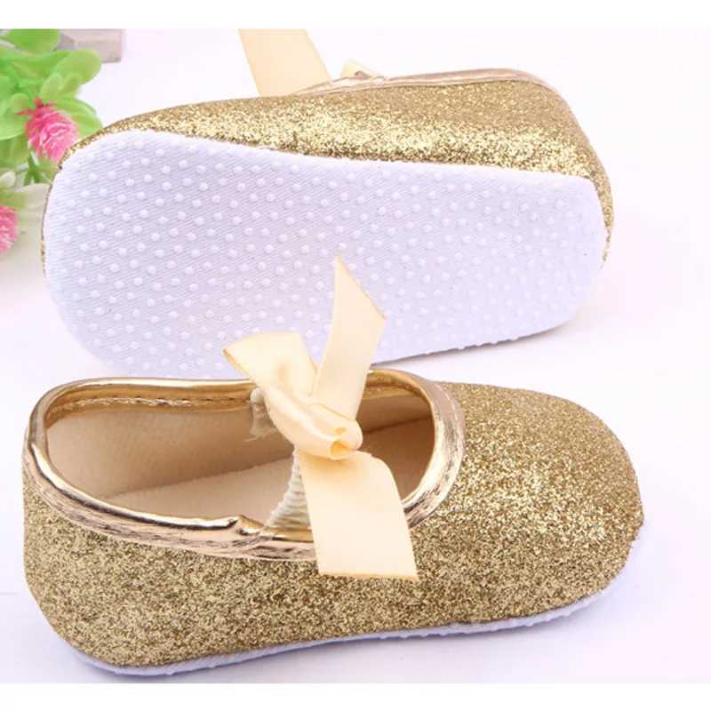 Fashionable shiny baby shoes princess bow baby first walker soft soled baby girl shoes gold pink silver M240827
