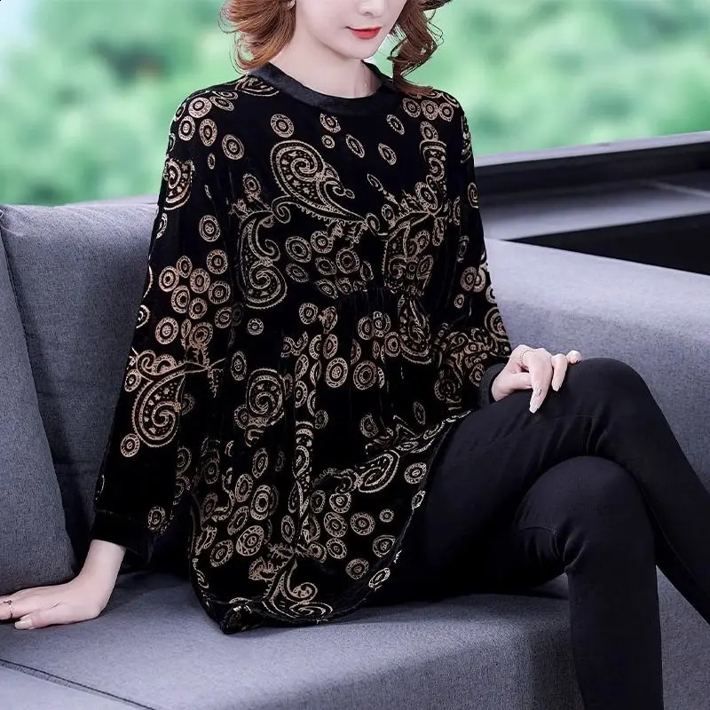 Womens round neck gold velvet T-shirt autumn/winter print polka dot long sleeved loose zipper top 240826