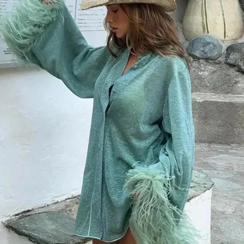 Women Long Sleeve Shinny Feather Patchwork Solid Shirt Fashion Stand Collar Single-breasted Top Lady Chic Holiday Beach Coat 240827