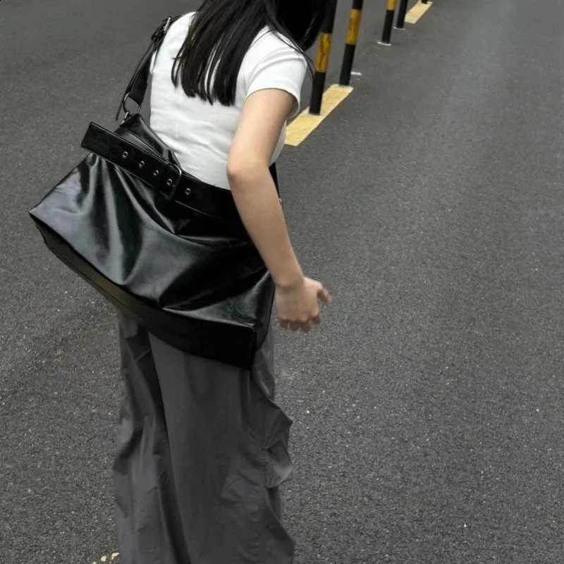 Xiuya Vintage Black Womens Tote Bag Large Capacity Solid Color Fashion Soft Pu Leather Shoulder Bag High Street Men Bag 240826