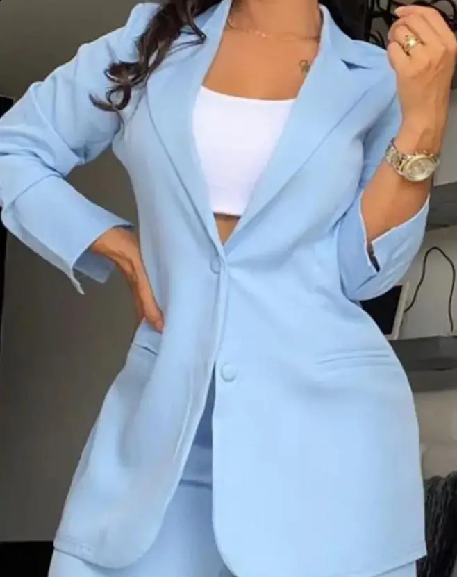 Two Piece Set Women Outfit Autumn Fashion Notched Collar Long Sleeve Blazer Coat Elegant Pocket Work Pants Set 240826