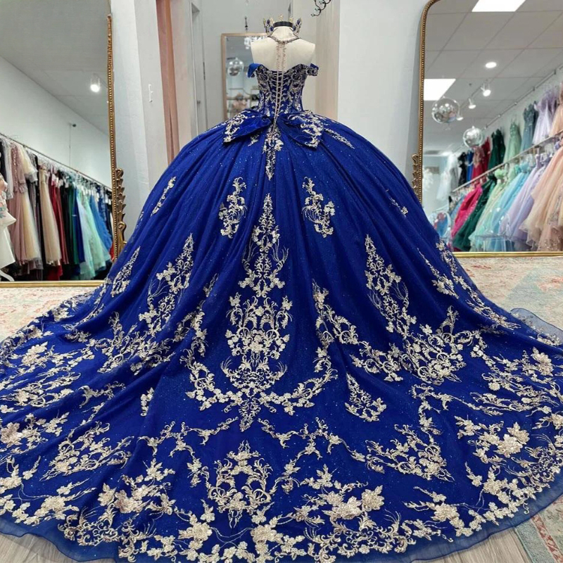 Royal Blue Glitter Quinceanera Dresses Ball Gown Lace Applique Beading Sequins Spaghetti Corset Sweet 16 Vestido De 15 Anos