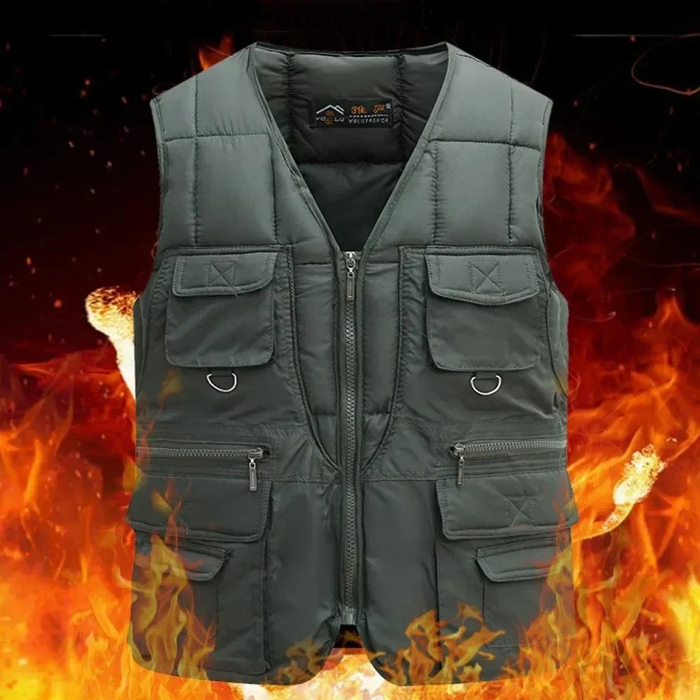 Classic multi pocket mens apron vest winter warm sleeveless jacket tactical 240827