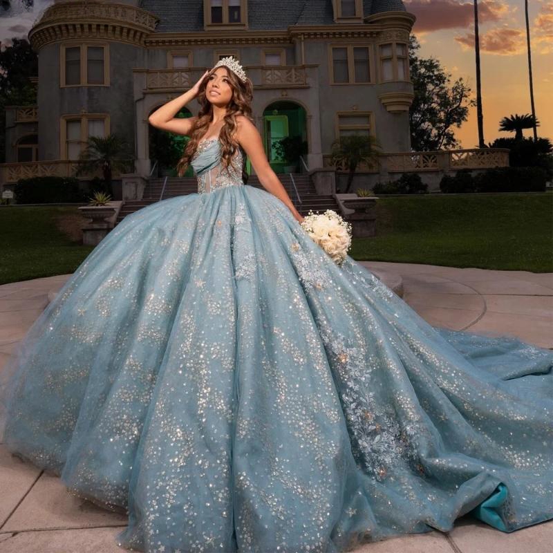 2024 Water Blue Quinceanera Dress Ball Gown Shiny Lace Applique Beading Corset Sweet 16 15 Formal Birthday Party Gowns Robe