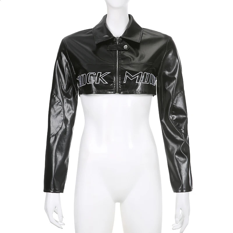 BIKPIIK Letter Pu Leather Jacket Full Set of Collar Womens Coat Punk Motorcycle Zipper Ultra Short Retro Coat 240827
