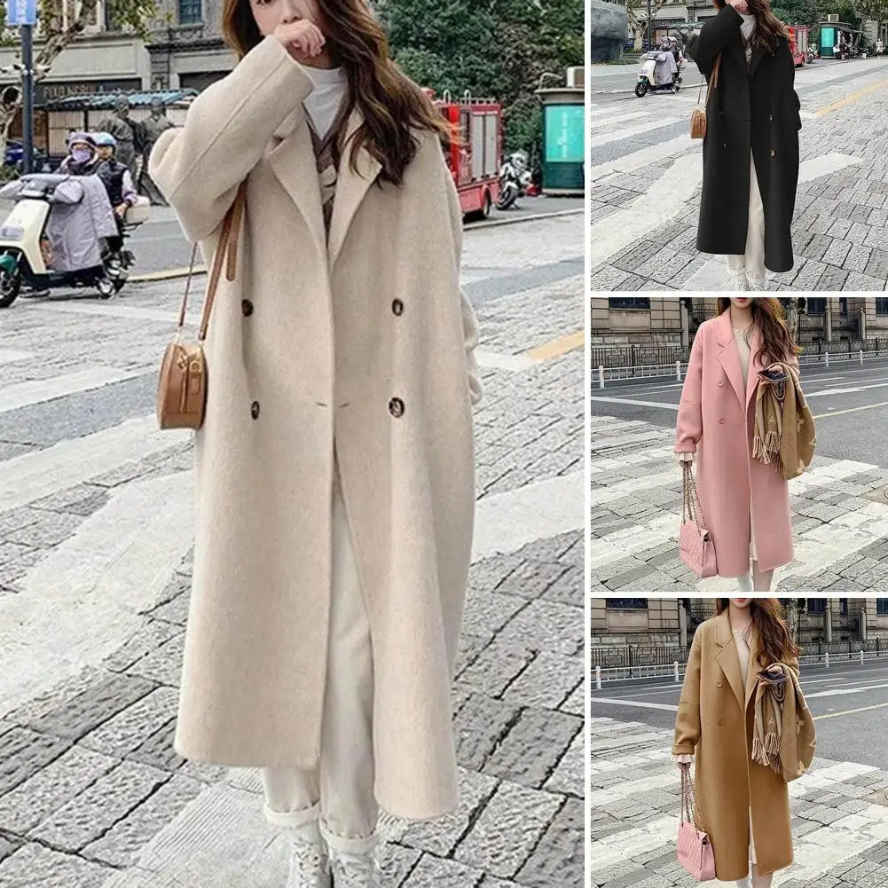 Women Double-Breasted Wool Cashmere Coat Fashion Long Turn-down Collar Belt Woolen Coats Lady Loose Tweed Jacket Autumn Winter 240826