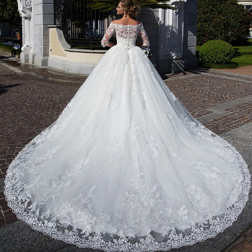 Half Sleeves Lace Appliqued A e Wedding Dresses Chapel Train Off Shoulder Ivory White Tulle Abito Da Sposa Bridal Gowns Vestidos De Novia