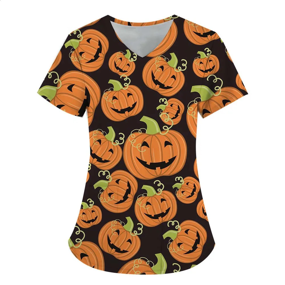 Womens fashion clothing Halloween series 3D printed nurse workwear V-neck T-shirt pocket womens short sleeved funny hip-hop 240827