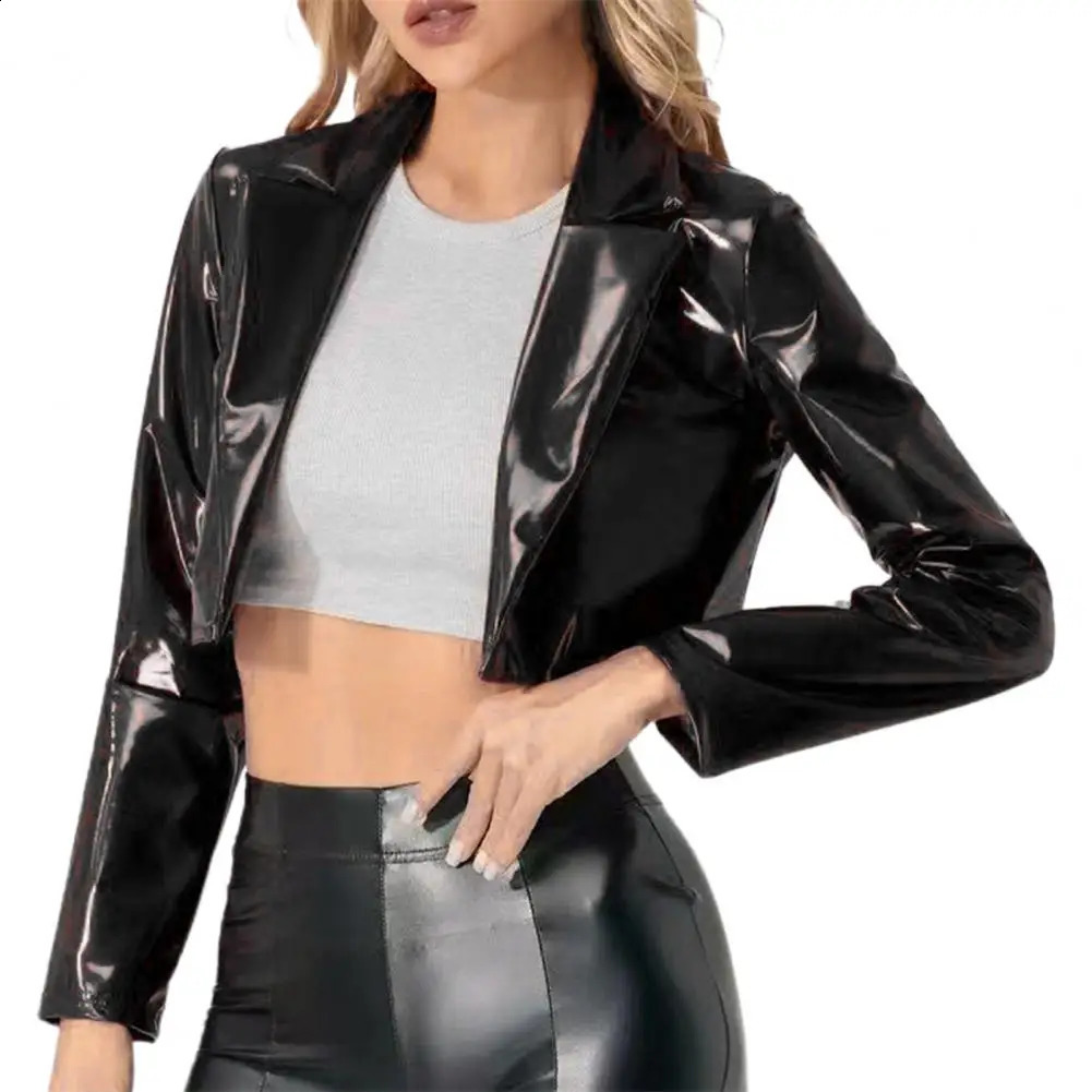 Womens cutting jacket weight loss artificial leather jacket womens smooth artificial leather cutting jacket long sleeved lapel club suit 240827