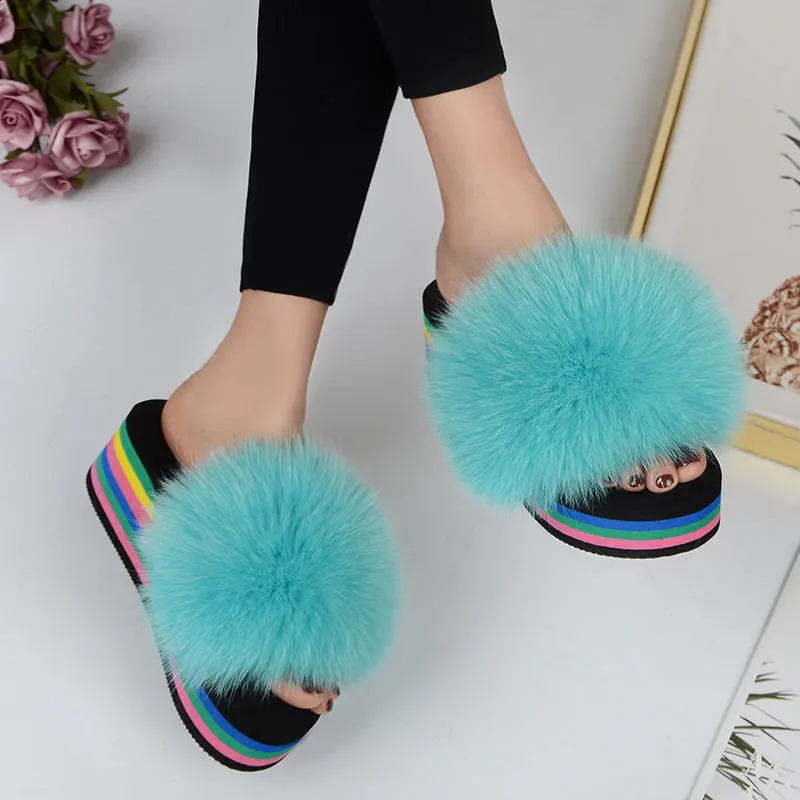 Fox Fur Slide Womens Fur House Fur Slide Plush Summer Rainbow High Heels Sweet Sandals 240827