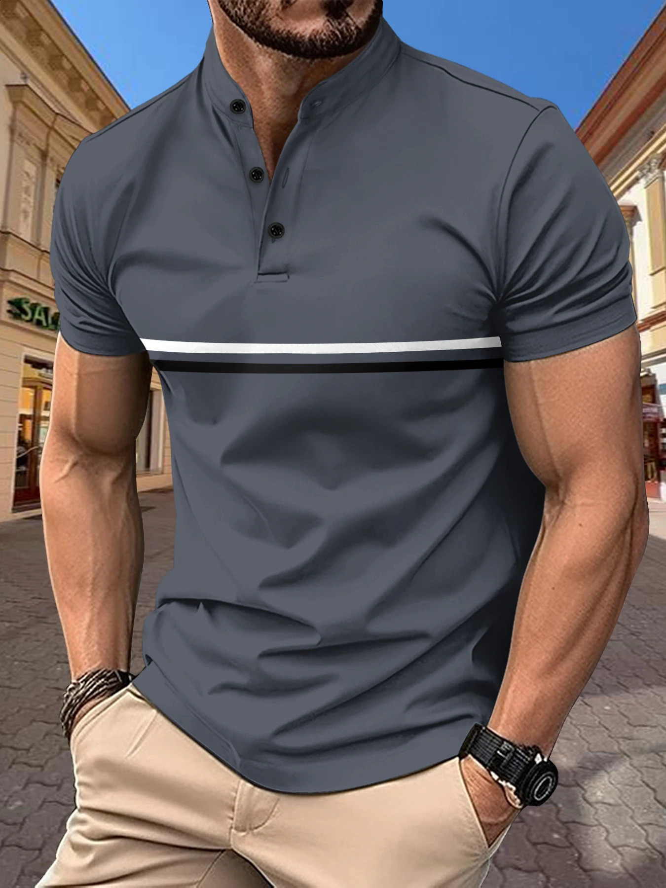 Mens summer short sleeved Henley fashion striped mens polo shirt casual sports top Tshirt diagonal Natal 240827