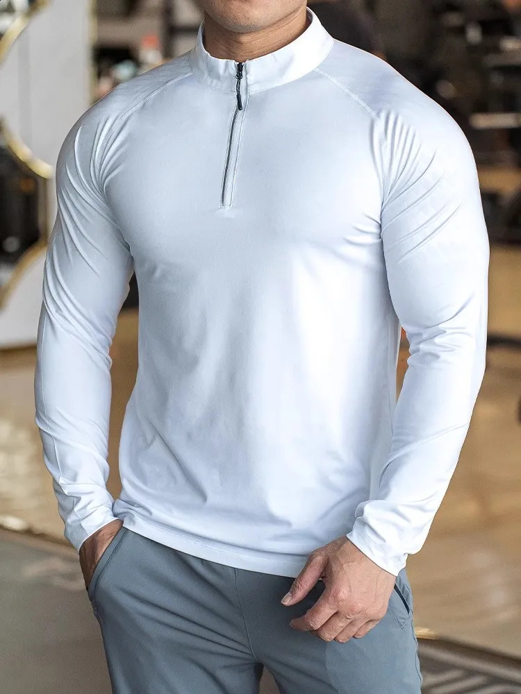 autumn winter running gym mens shirt long sleeved Tshirt elastic suitable for sports training fitness fast drying zipper collar polo 240827