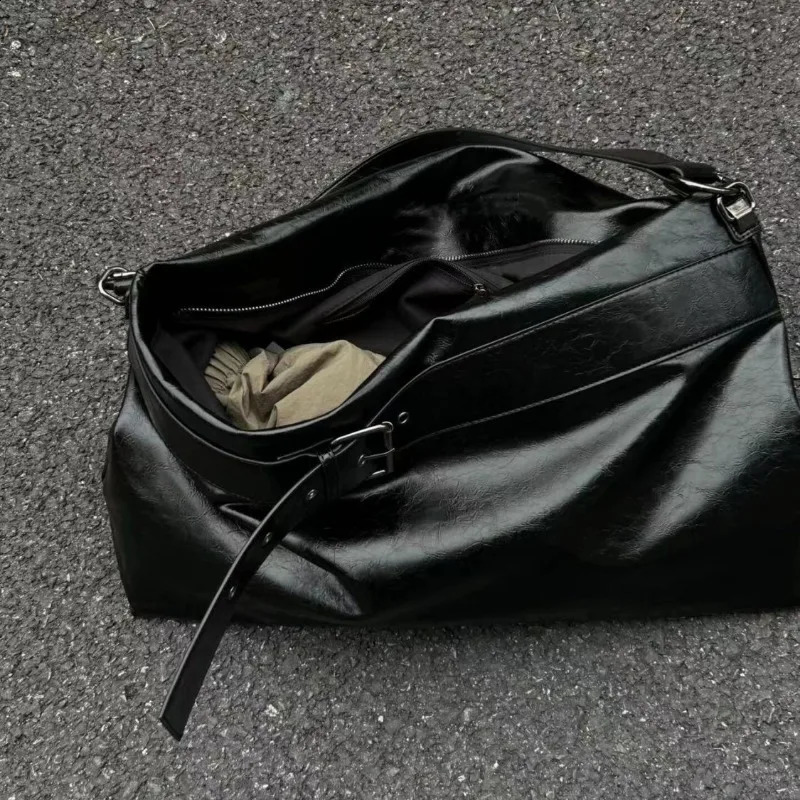 Xiuya Vintage Black Womens Tote Bag Large Capacity Solid Color Fashion Soft Pu Leather Shoulder Bag High Street Men Bag 240826