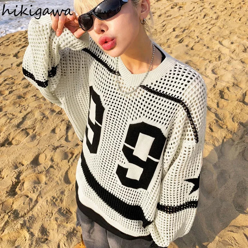Womens letter Oneck oversized sweater fashionable jumping style pullout womens hollow knitting thin Y2k top suede cream 240826