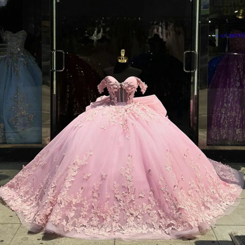Pink Off The Shoulder Quinceanera Dresses Ball Gown 3D Butterfly Beads Crystal Tull Corset Vestidos De 15 Anos Sweet 16 Dress