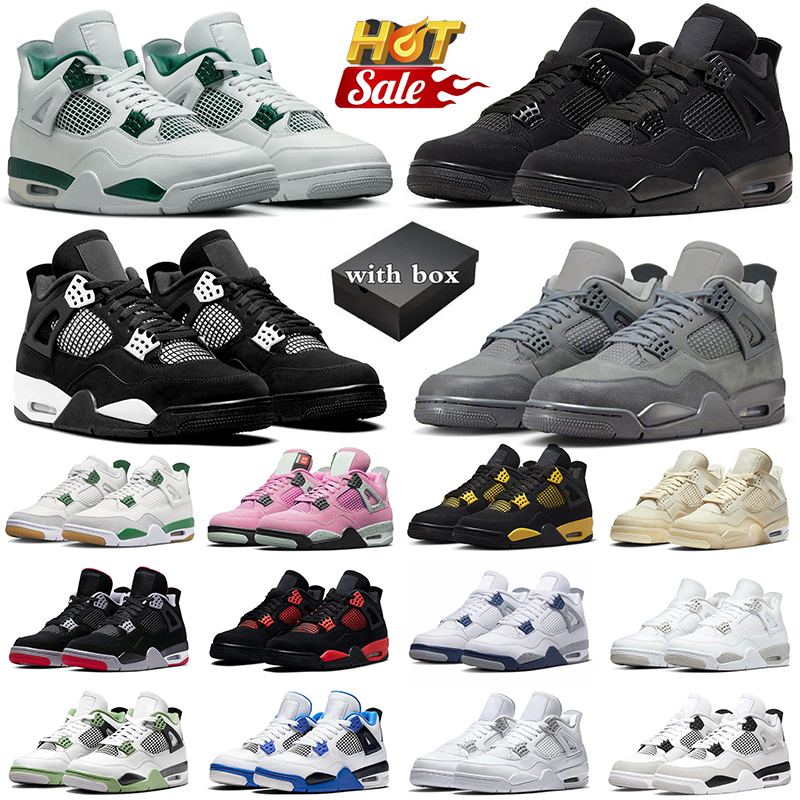 With Box Black Cats White Thunder 4s Wet Cement 4 Pine Green Sail White Oreo Military Blue Bred University Blue Fire Red Outdoor Sports Womens Mens Trainers Sneakers