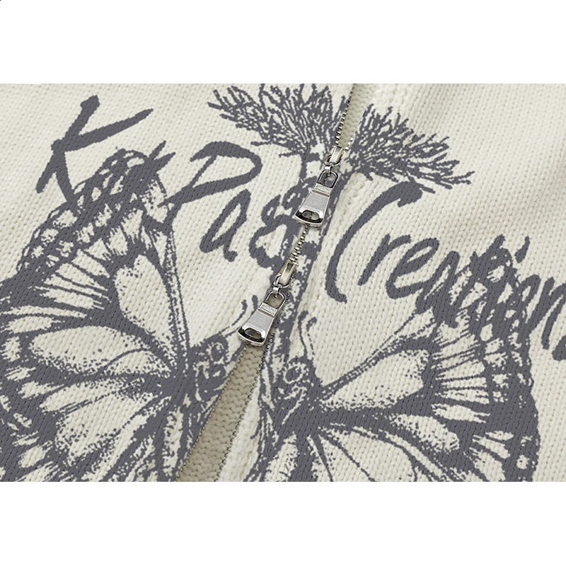 Mens oversized sweater cardigan wool Y2K retro knitted creative print hiphop loose double zipper motorcycle jacket 240826