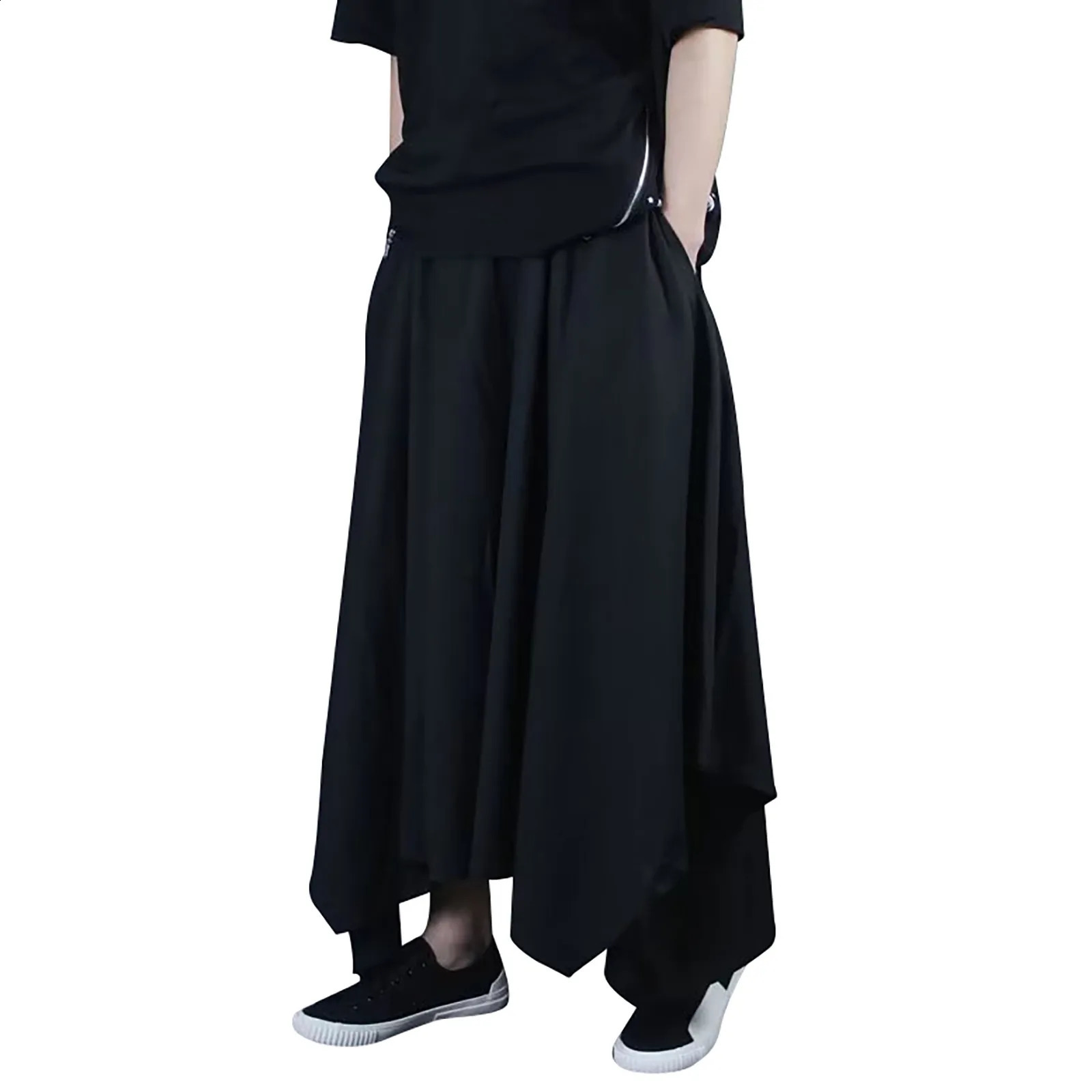 Vintage Men Pants Elastic Casual Baggy Hakama Hiphop Harajuku Cotton Linen Widelegged Loose Drawstring 240823