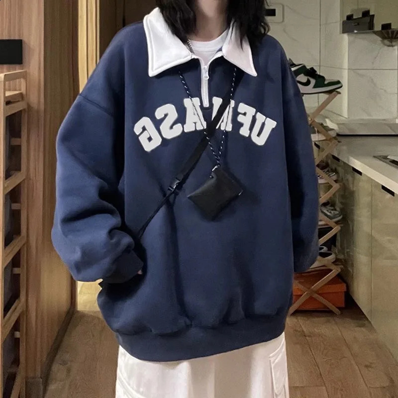 Polo collar hooded sweatshirt with letter printing for women thick autumn retro womens hooded sweatshirt casual long sleeved oversized top 240827