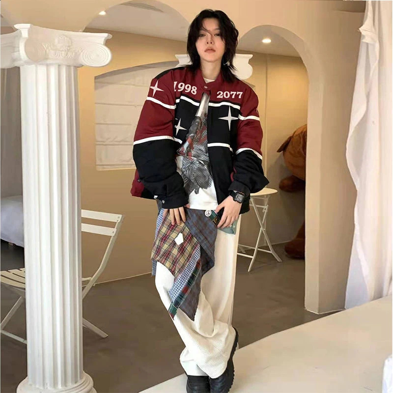 Y2k Retro Bomber Jacket Womens Street Hip Hop Colorful Zipper Racing Baseball Uniform SpringSummer Collection 240826