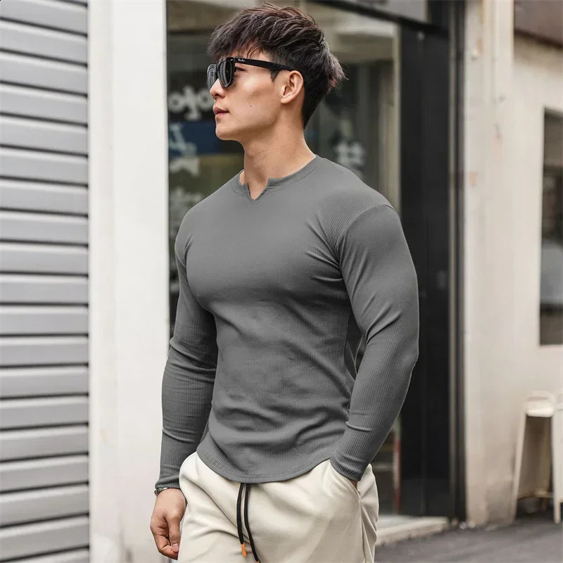 fashion casual compression shirt large sports exercise Tshirt mens elastic long sleeved autumn Vneck gym 240827
