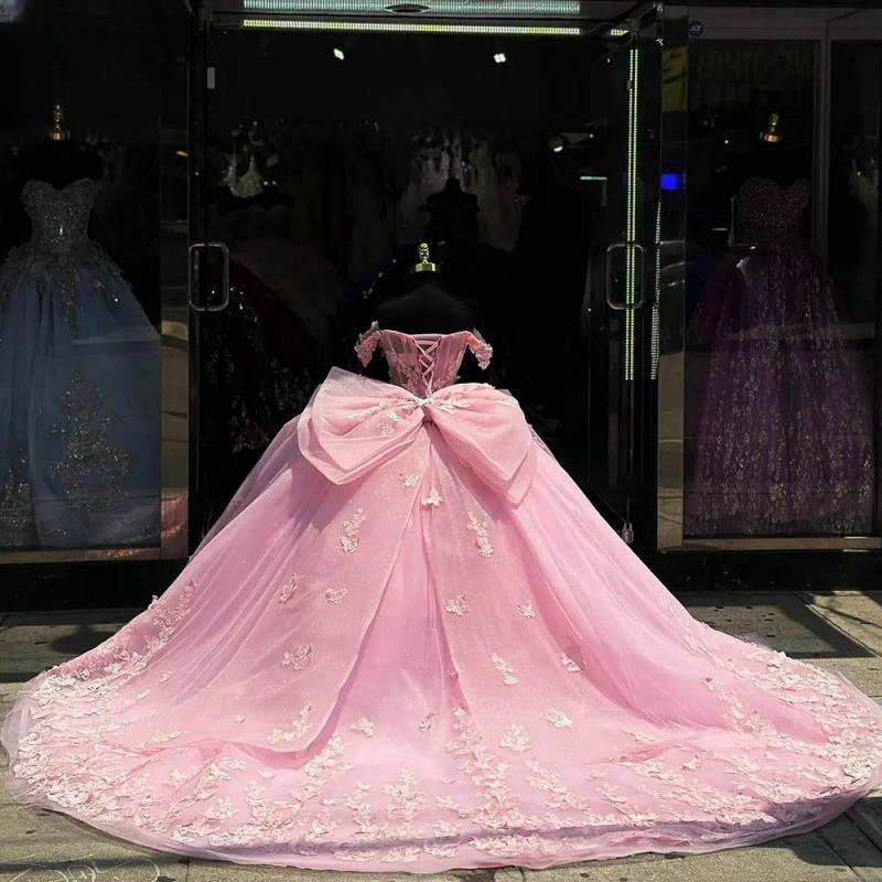 Pink Off The Shoulder Quinceanera Dresses Ball Gown 3D Butterfly Beads Crystal Tull Corset Vestidos De 15 Anos Sweet 16 Dress