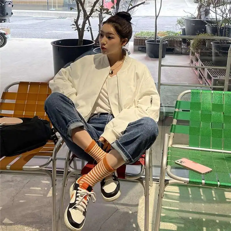 Deeptown Korean Fashion Bomber Jacket Women Oversize Streetwear Chic Elegant Female Zipper Baseball Jackets Winter Black Coat 240827