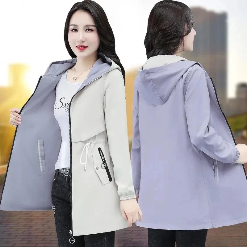 Double sided trench coat womens Spring and Autumn clothing hooded plus size windproof jacket 240826