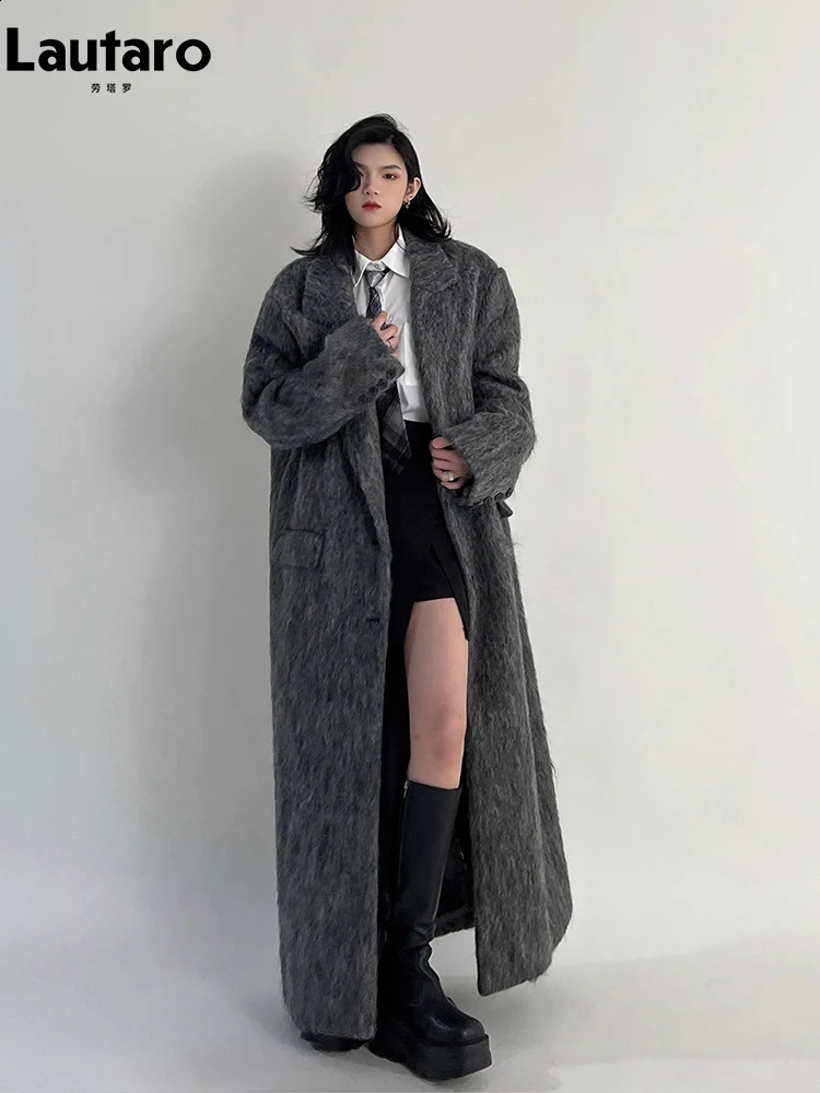 Lautaro Autumn and Winter Clothing Womens Ultra Long Casual Warm Grey Wool Blended Coat Maxi Fluffy 240826
