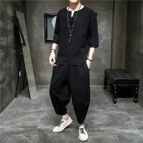 Summer linen mens loose casual short sleeved T-shirt Han Fu Tang traditional Chinese style 240827