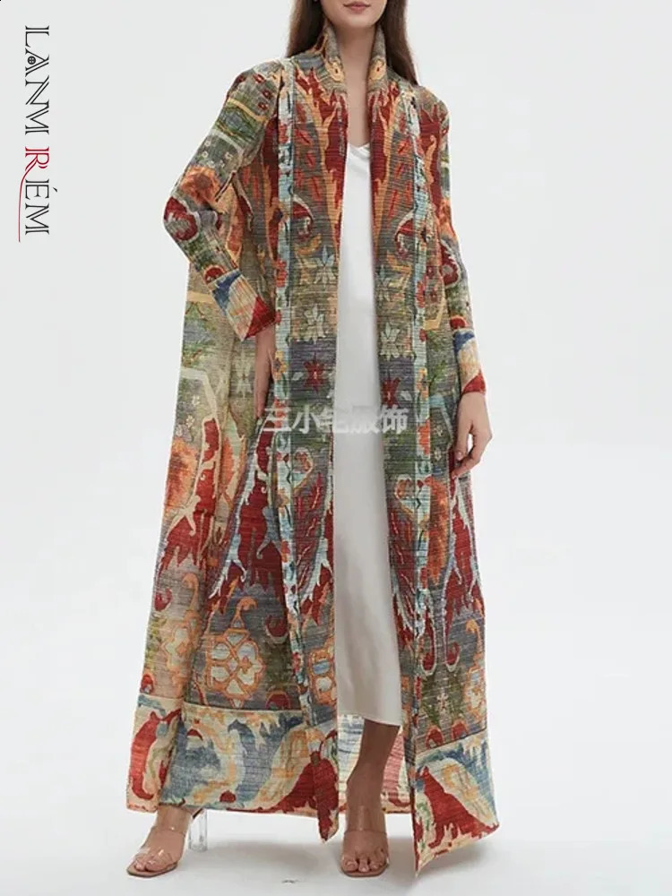 Lanmrem retro printed pleated windproof long contrasting color loose Scraf collar trench coat fashionable clothing 32C1093 240826